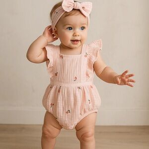Muslin Pink Ruffled Baby One Piece with Headband